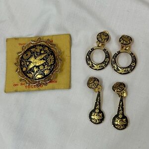 Vintage Toledo 24k Plated Gold & Ornate Black Brooch & Clip-On Earring Lot Set
